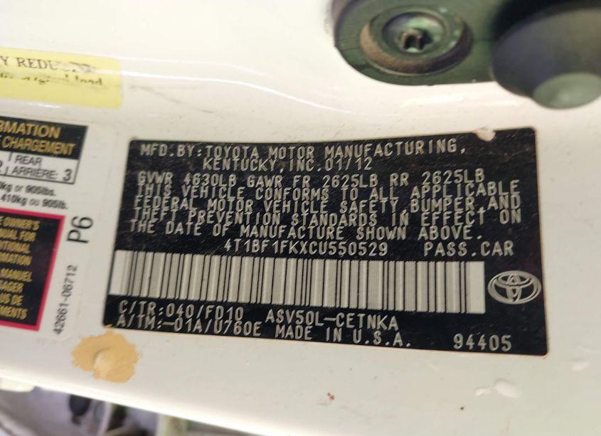 Photo 9 of 2012 Toyota Camry LE (VIN 4T1BF1FKXCU550529)