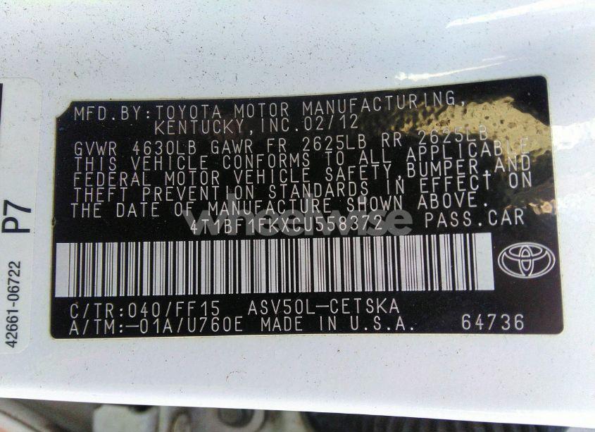 Photo 9 of 2012 Toyota Camry SE (VIN 4T1BF1FKXCU558372)