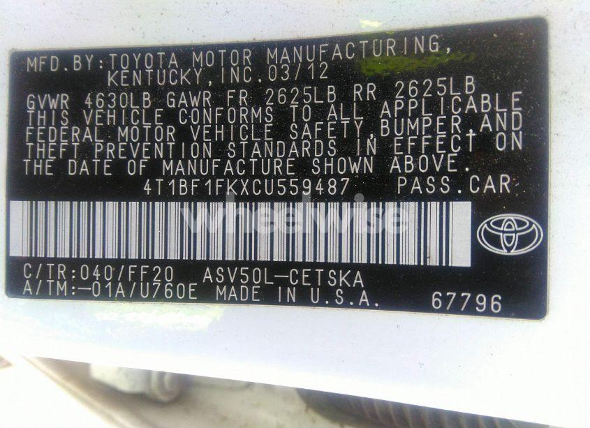 Photo 9 of 2012 Toyota Camry SE (VIN 4T1BF1FKXCU559487)