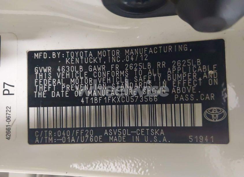 Photo 9 of 2012 Toyota Camry SE (VIN 4T1BF1FKXCU573566)