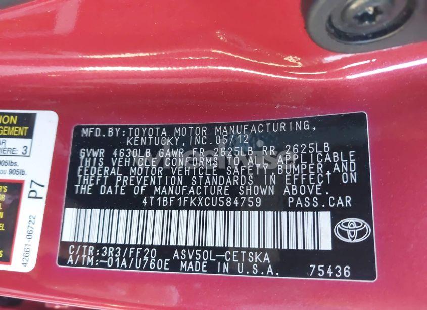 Photo 9 of 2012 Toyota Camry SE (VIN 4T1BF1FKXCU584759)