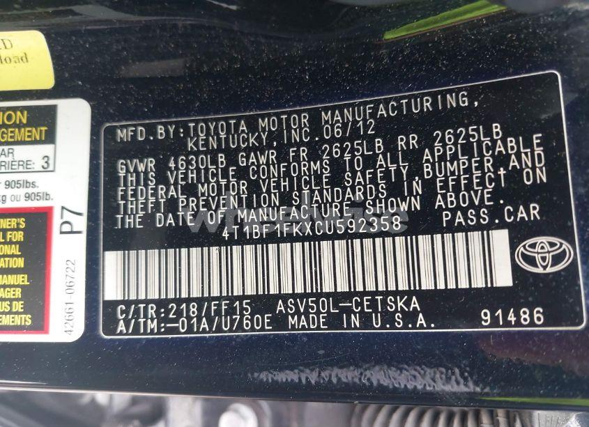 Photo 9 of 2012 Toyota Camry SE (VIN 4T1BF1FKXCU592358)