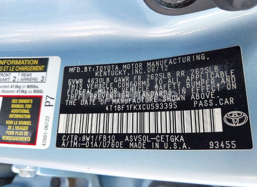 Photo 9 of 2012 Toyota Camry XLE (VIN 4T1BF1FKXCU593395)