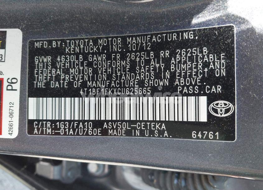 Photo 9 of 2012 Toyota Camry L (VIN 4T1BF1FKXCU625665)