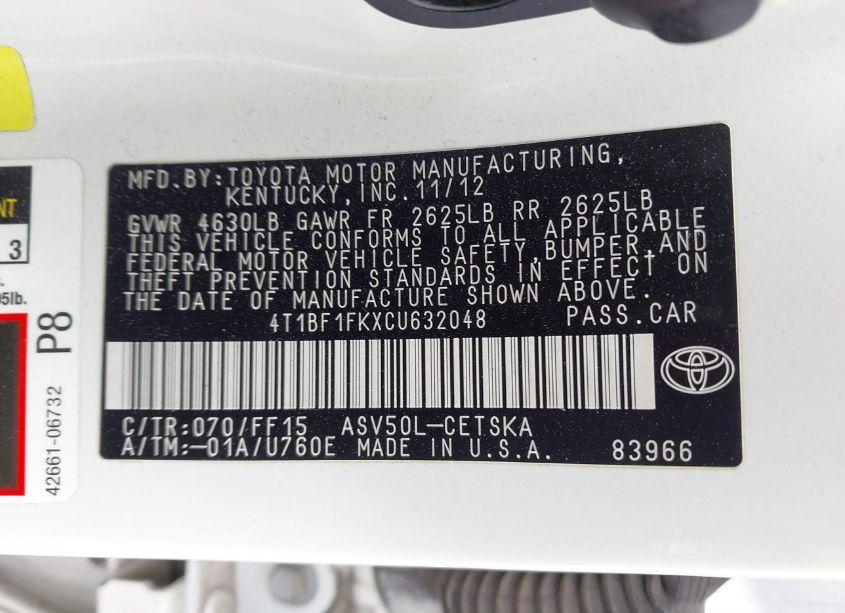 Photo 9 of 2012 Toyota Camry SE LIMITED EDITION (VIN 4T1BF1FKXCU632048)