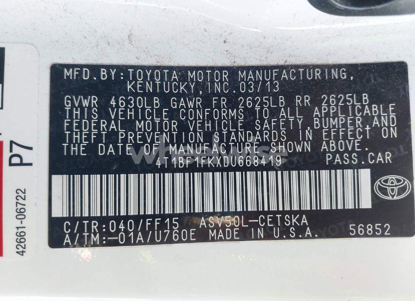 Photo 9 of 2013 Toyota Camry SE (VIN 4T1BF1FKXDU668419)