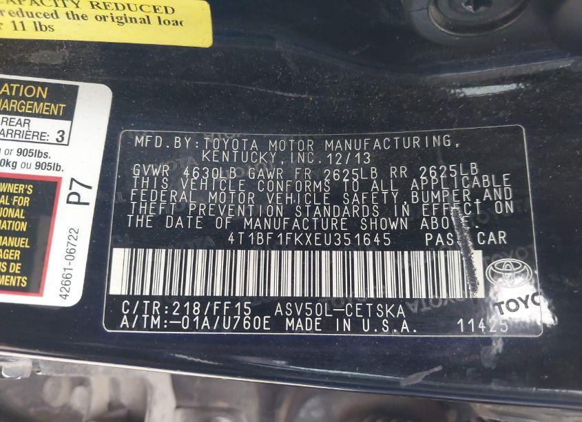 Photo 9 of 2014 Toyota Camry SE (VIN 4T1BF1FKXEU351645)