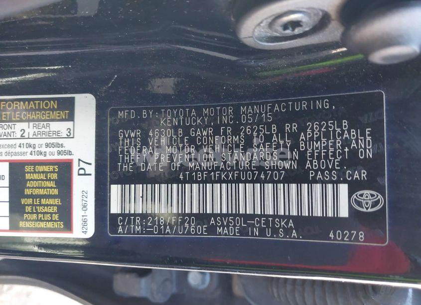 Photo 9 of 2015 Toyota Camry SE (VIN 4T1BF1FKXFU074707)