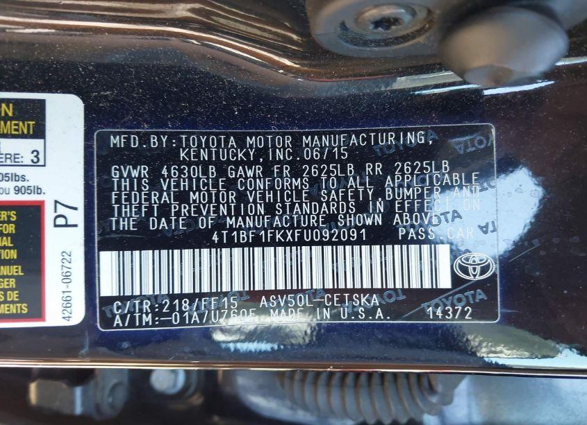 Photo 9 of 2015 Toyota Camry SE (VIN 4T1BF1FKXFU092091)