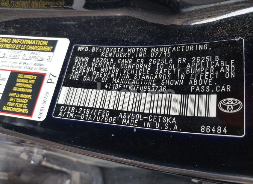 Photo 9 of 2015 Toyota Camry SE (VIN 4T1BF1FKXFU993736)