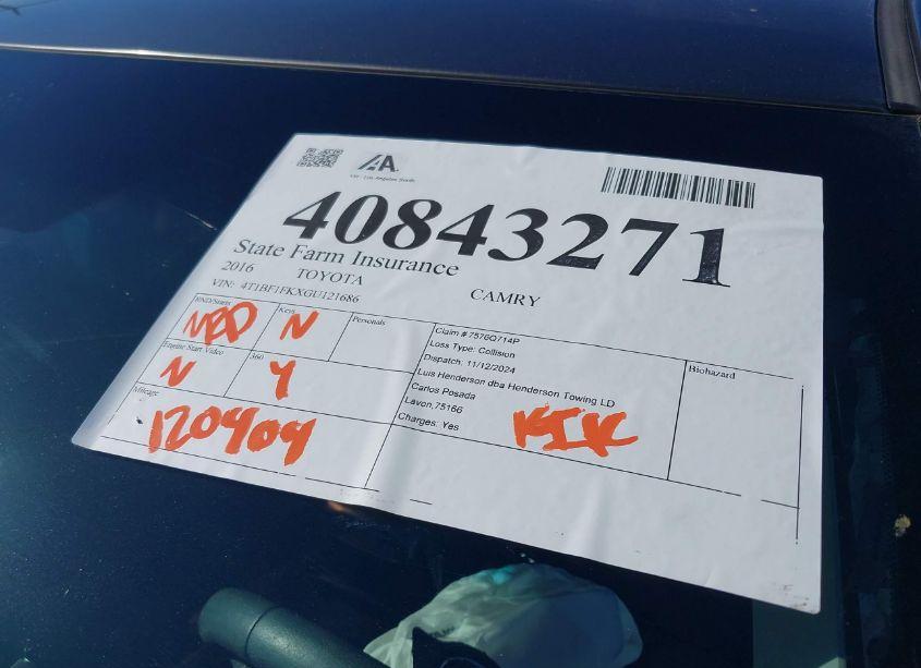 Photo 17 of 2016 Toyota Camry SE (VIN 4T1BF1FKXGU121686)