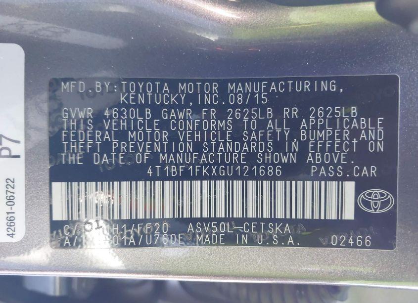 Photo 9 of 2016 Toyota Camry SE (VIN 4T1BF1FKXGU121686)