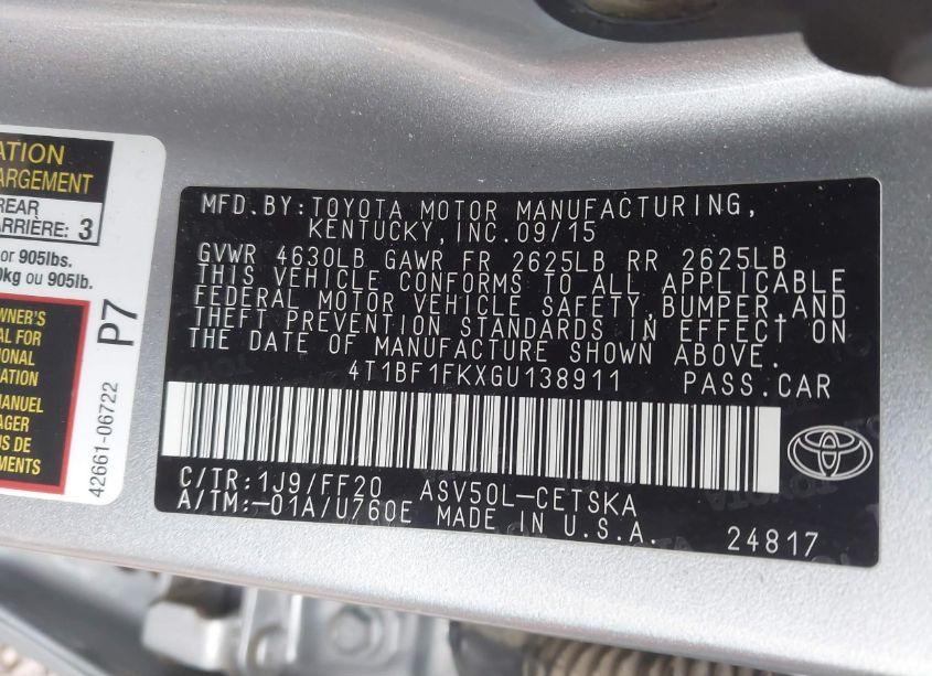 Photo 9 of 2016 Toyota Camry SE (VIN 4T1BF1FKXGU138911)