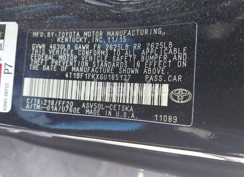 Photo 9 of 2016 Toyota Camry SE (VIN 4T1BF1FKXGU165137)