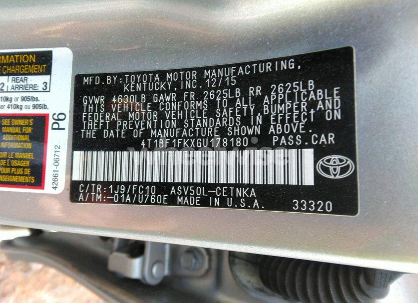 Photo 9 of 2016 Toyota Camry LE (VIN 4T1BF1FKXGU178180)