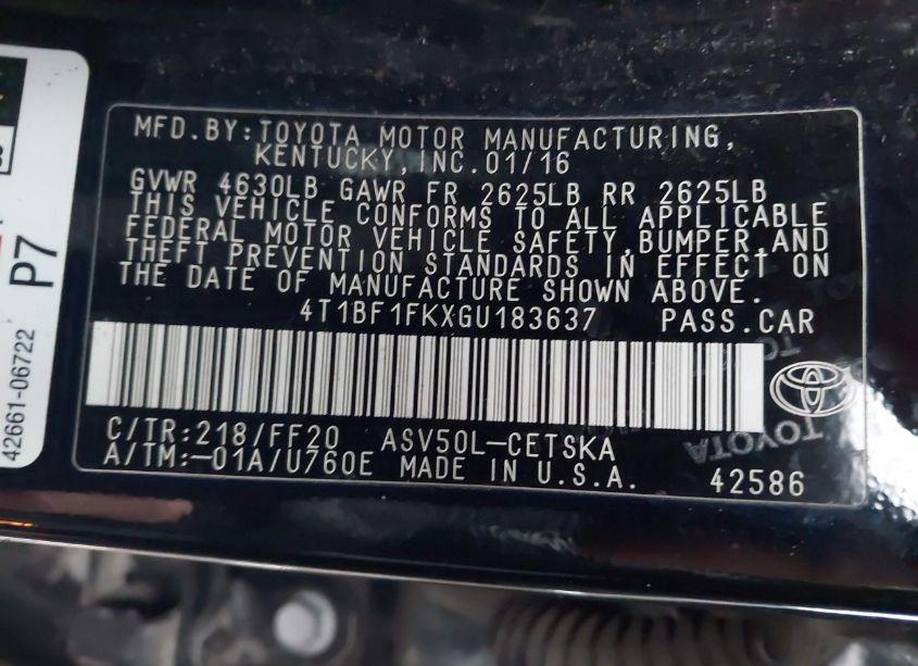 Photo 9 of 2016 Toyota Camry SE (VIN 4T1BF1FKXGU183637)