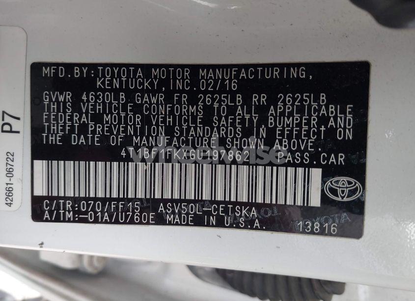 Photo 9 of 2016 Toyota Camry SE (VIN 4T1BF1FKXGU197862)