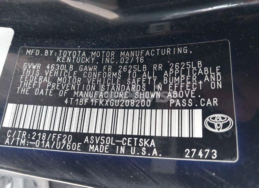 Photo 9 of 2016 Toyota Camry SE (VIN 4T1BF1FKXGU208200)