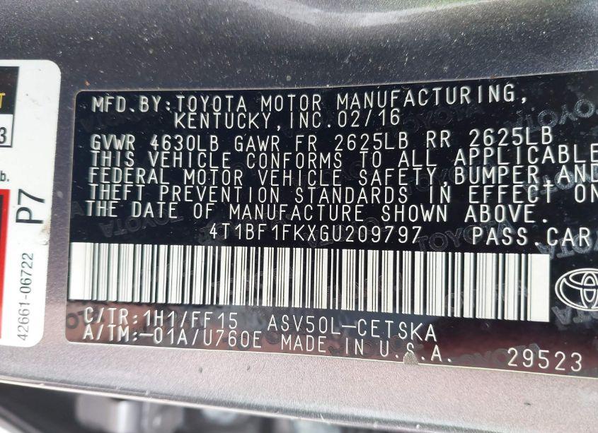 Photo 9 of 2016 Toyota Camry SE (VIN 4T1BF1FKXGU209797)