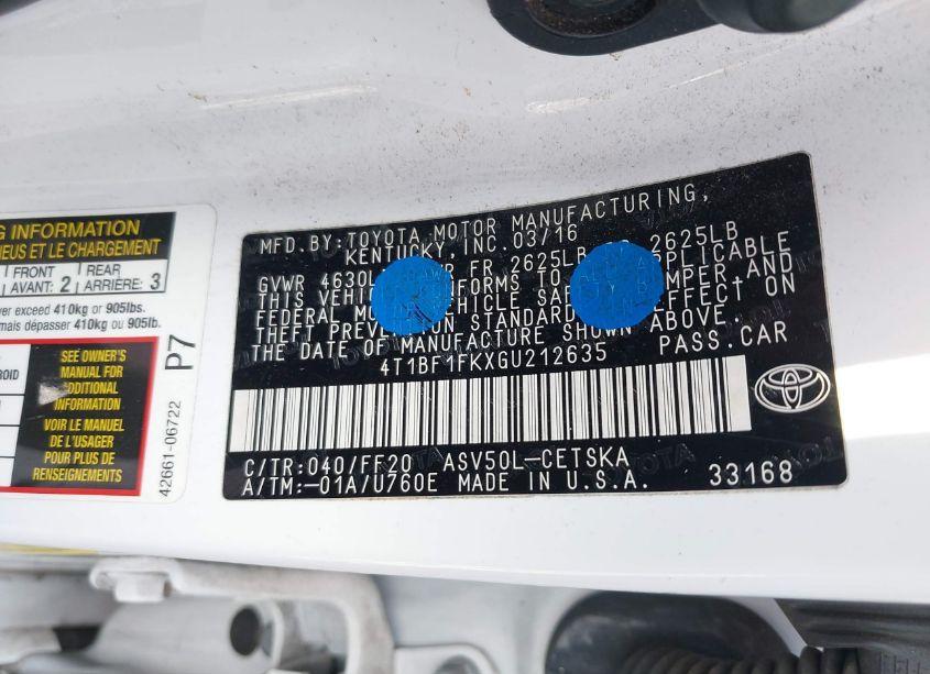 Photo 9 of 2016 Toyota Camry SE (VIN 4T1BF1FKXGU212635)