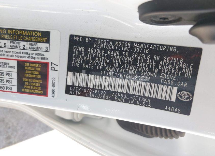 Photo 9 of 2016 Toyota Camry SE (VIN 4T1BF1FKXGU221531)