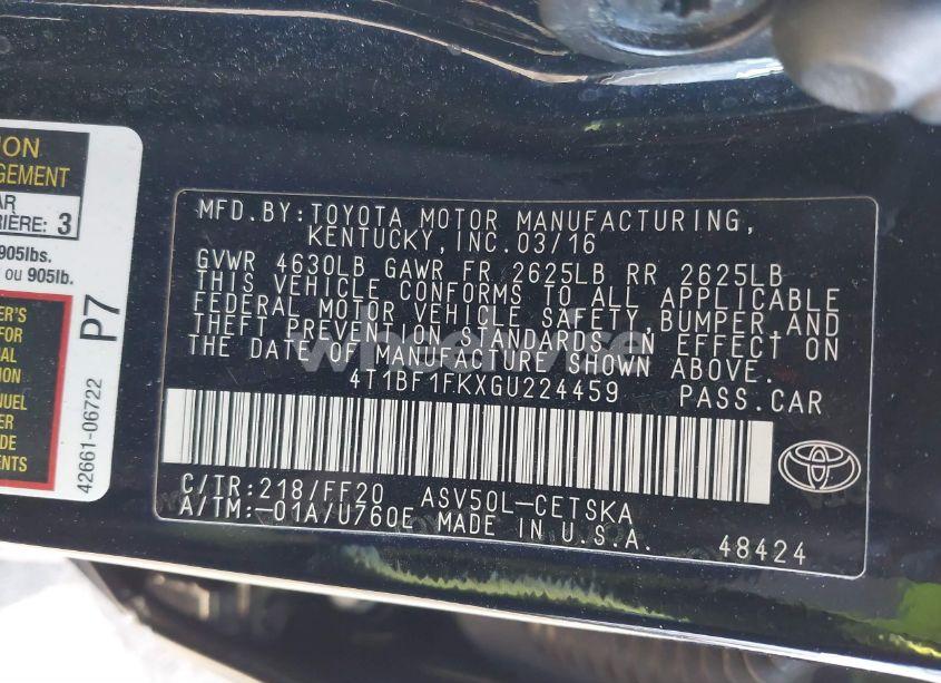 Photo 9 of 2016 Toyota Camry SE (VIN 4T1BF1FKXGU224459)