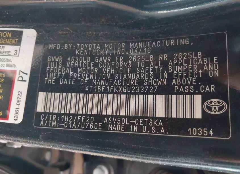 Photo 9 of 2016 Toyota Camry SE (VIN 4T1BF1FKXGU233727)