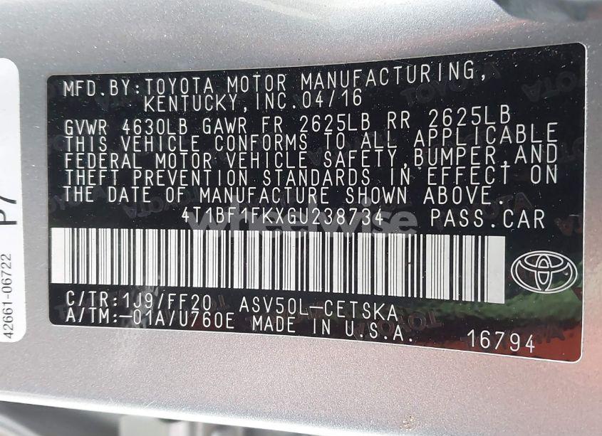 Photo 9 of 2016 Toyota Camry SE (VIN 4T1BF1FKXGU238734)