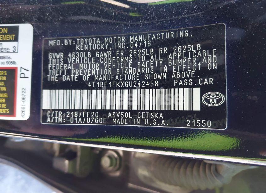 Photo 9 of 2016 Toyota Camry SE (VIN 4T1BF1FKXGU242458)