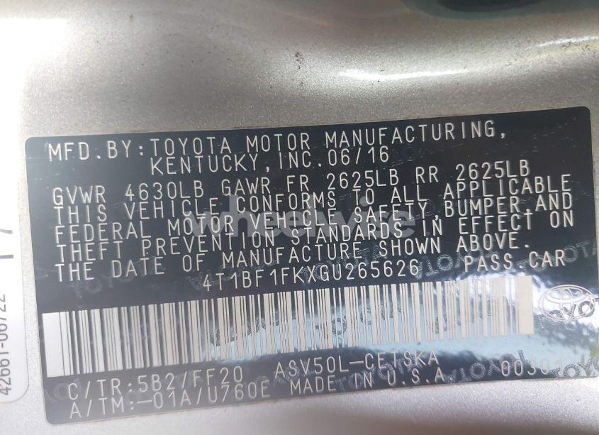 Photo 9 of 2016 Toyota Camry SE (VIN 4T1BF1FKXGU265626)