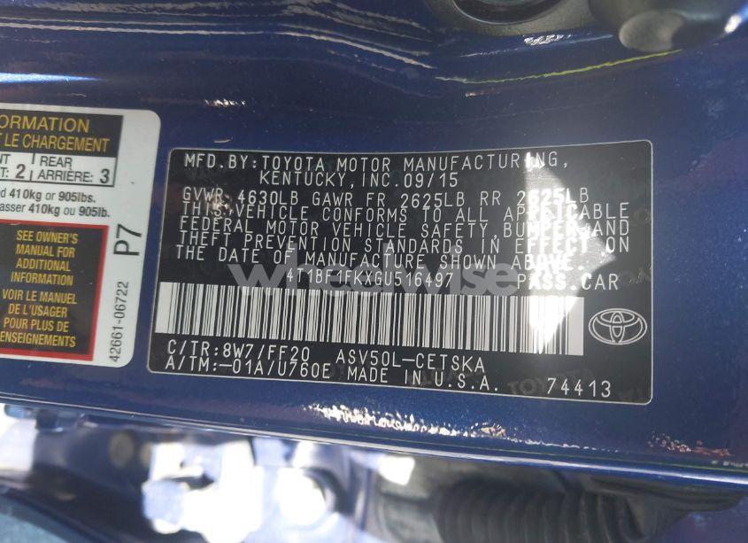 Photo 9 of 2016 Toyota Camry SE (VIN 4T1BF1FKXGU516497)