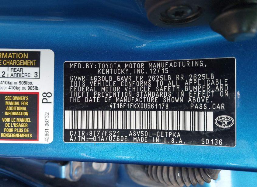 Photo 9 of 2016 Toyota Camry SE (VIN 4T1BF1FKXGU561178)