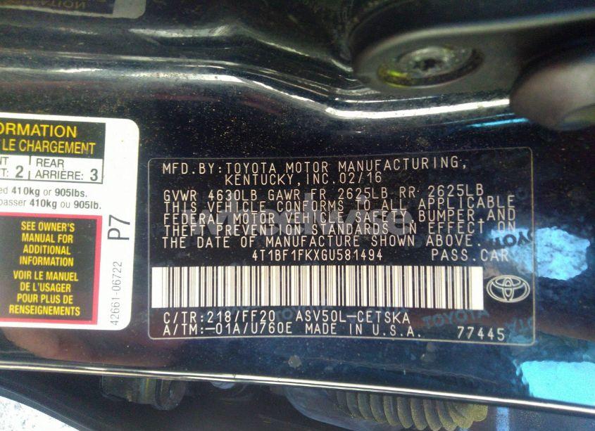 Photo 9 of 2016 Toyota Camry SE (VIN 4T1BF1FKXGU581494)