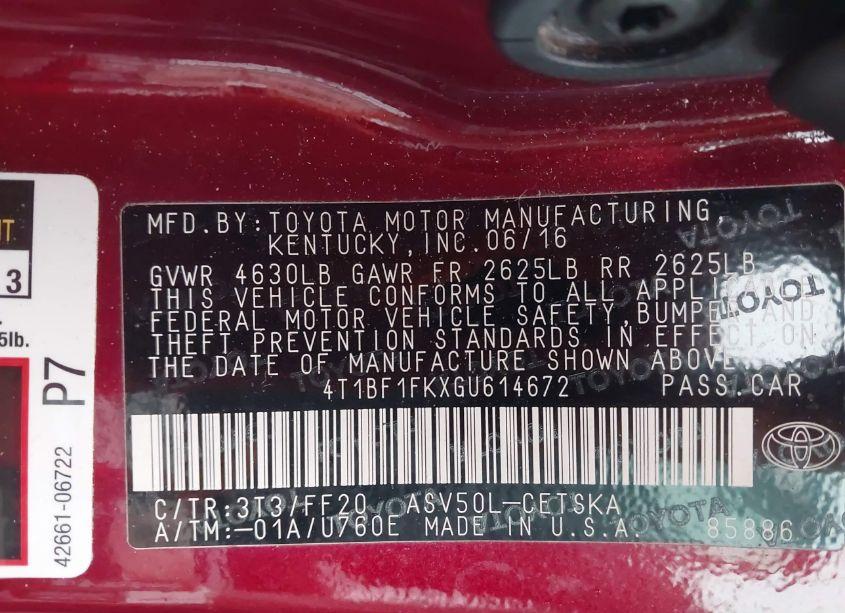 Photo 9 of 2016 Toyota Camry SE (VIN 4T1BF1FKXGU614672)