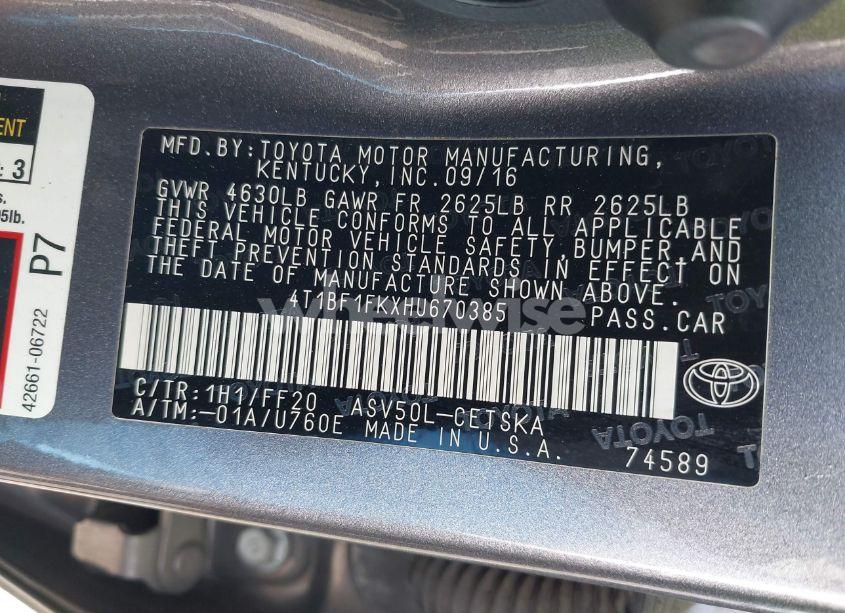 Photo 9 of 2017 Toyota Camry LE/SE/XLE/XSE (VIN 4T1BF1FKXHU670385)