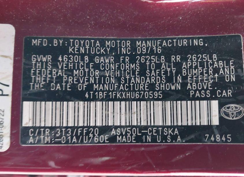 Photo 9 of 2017 Toyota Camry SE (VIN 4T1BF1FKXHU670595)