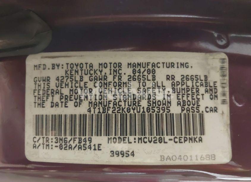 Photo 9 of 2000 Toyota Camry LE V6 (VIN 4T1BF22K0YU105395)