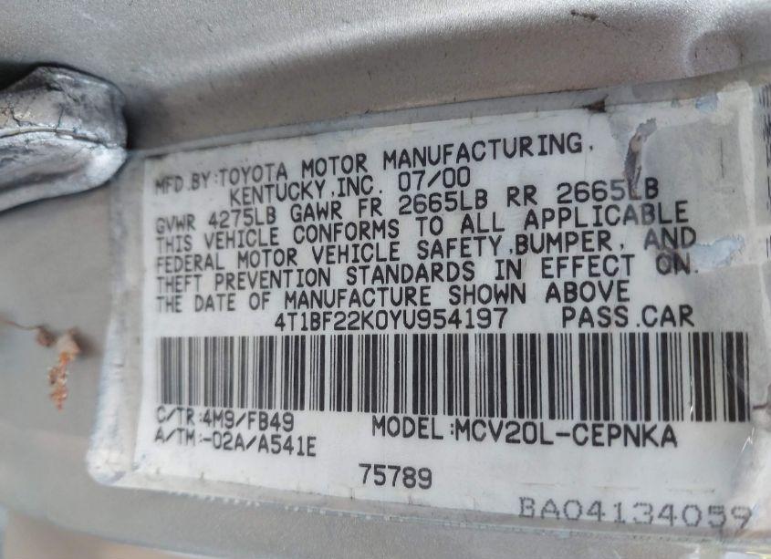 Photo 9 of 2000 Toyota Camry LE V6 (VIN 4T1BF22K0YU954197)