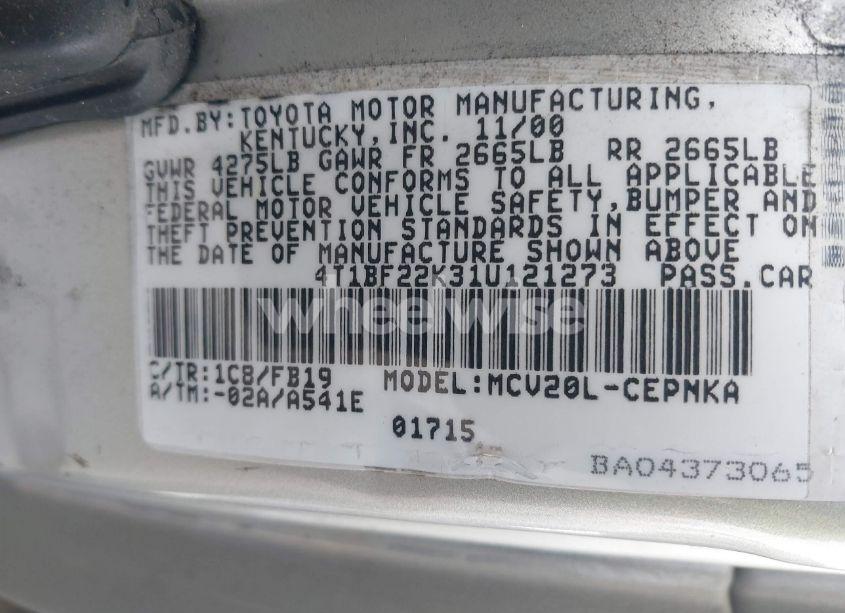 Photo 9 of 2001 Toyota Camry LE V6 (VIN 4T1BF22K31U121273)