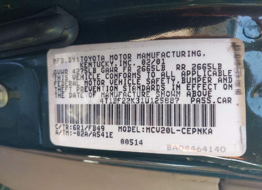 Photo 9 of 2001 Toyota Camry LE V6 (VIN 4T1BF22K31U125887)