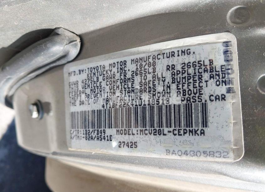 Photo 9 of 2001 Toyota Camry LE V6 (VIN 4T1BF22K41U118513)