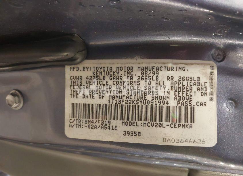 Photo 9 of 2000 Toyota Camry LE V6 (VIN 4T1BF22K5YU091994)