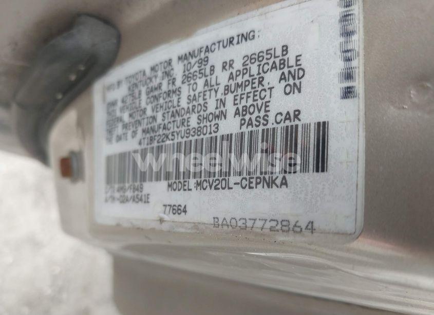 Photo 9 of 2000 Toyota Camry LE V6 (VIN 4T1BF22K5YU938013)