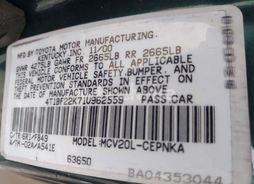Photo 9 of 2001 Toyota Camry LE V6 (VIN 4T1BF22K71U962559)