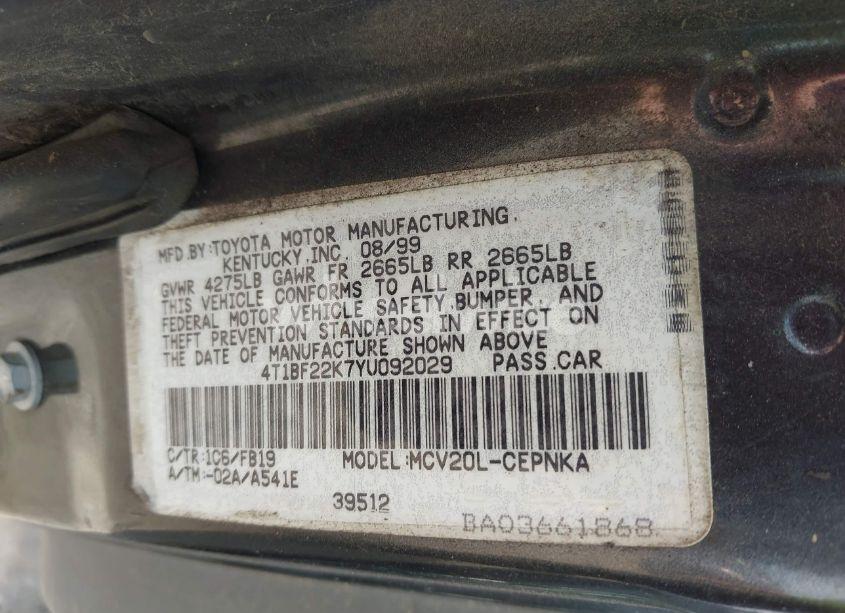 Photo 9 of 2000 Toyota Camry LE V6 (VIN 4T1BF22K7YU092029)