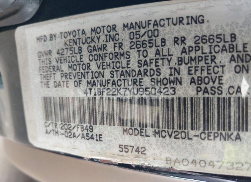 Photo 9 of 2000 Toyota Camry LE V6 (VIN 4T1BF22K7YU950423)