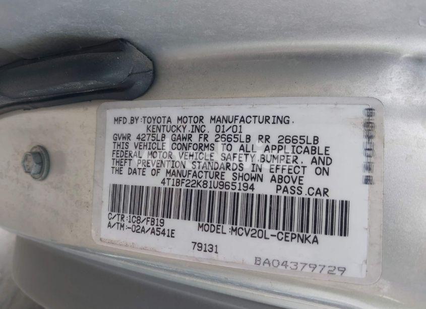 Photo 9 of 2001 Toyota Camry LE V6 (VIN 4T1BF22K81U965194)