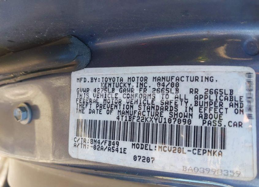 Photo 9 of 2000 Toyota Camry LE V6 (VIN 4T1BF22KXYU107090)