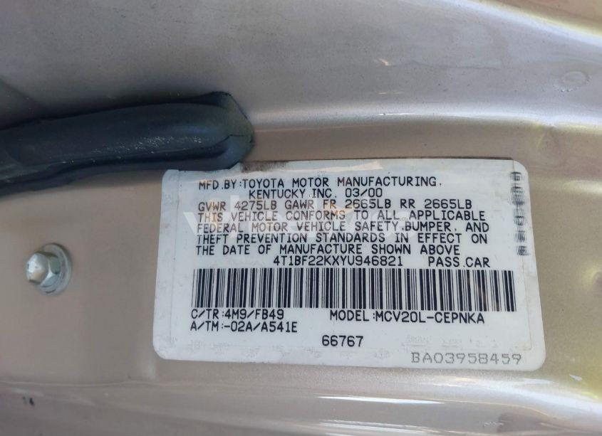 Photo 9 of 2000 Toyota Camry LE V6 (VIN 4T1BF22KXYU946821)