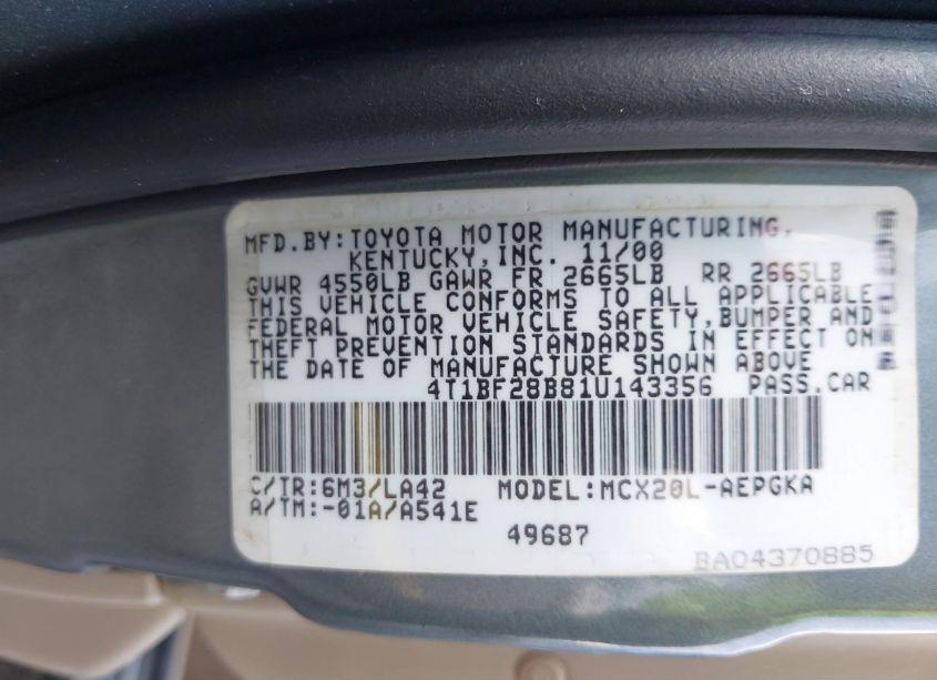 Photo 9 of 2001 Toyota Avalon XL/XLS (VIN 4T1BF28B81U143356)